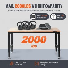 Établi réglable VEVOR, table de travail de garage de 60" LX 22" W avec roues universelles, hauteurs de 28 à 39,5" et capacité de charge de 2000 lb, avec prises de courant et plateau en bois dur et rangement et repose-pieds, pour le bureau à domicile