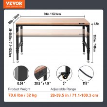 Établi réglable VEVOR, table de travail de garage de 60" LX 22" W avec roues universelles, hauteurs de 28 à 39,5" et capacité de charge de 2000 lb, avec prises de courant et plateau en bois dur et rangement et repose-pieds, pour le bureau à domicile