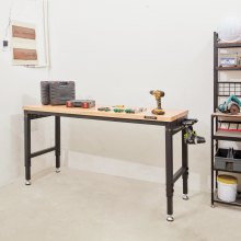 Établi réglable VEVOR, table de travail de garage de 60" LX 22" W avec roues universelles, hauteurs de 28 à 39,5" et capacité de charge de 2000 lb, avec prises de courant et plateau en bois dur et rangement et repose-pieds, pour le bureau à domicile