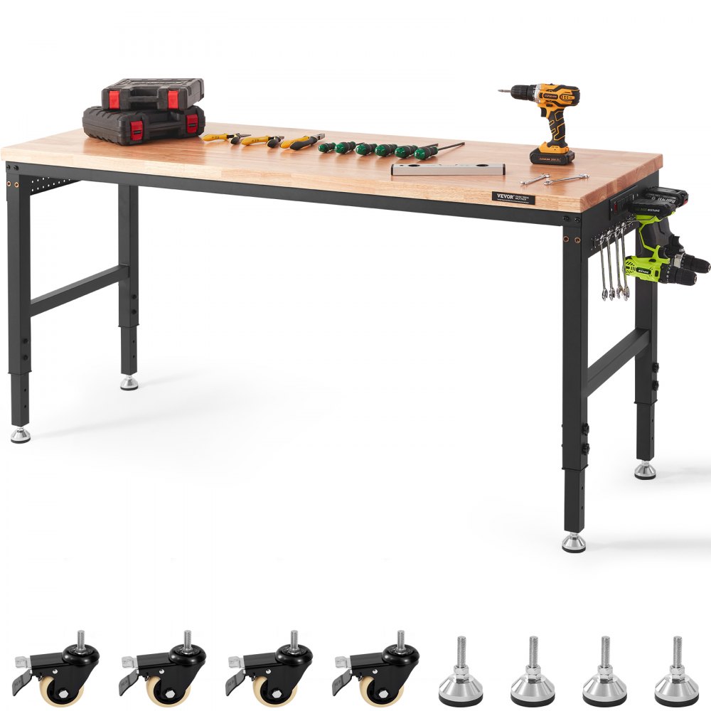 Établi réglable VEVOR avec outils, perceuse et roulettes sur surface en bois et pieds réglables.