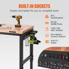VEVOR Adjustable Workbench, 72" L X 25" W Garage Worktable with Universal Wheels, 28-39.5" Heights & 3000 LBS Load Capacity, with Power Outlets & Hardwood Top & Storage & Foot Pads, for Office Home