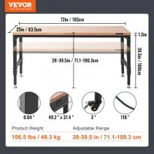 VEVOR Adjustable Workbench, 72" L X 25" W Garage Worktable with Universal Wheels, 28-39.5" Heights & 3000 LBS Load Capacity, with Power Outlets & Hardwood Top & Storage & Foot Pads, for Office Home
