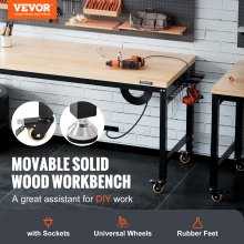 Établi réglable VEVOR, table de travail de garage de 72" LX 25" W avec roues universelles, hauteurs de 28 à 39,5" et capacité de charge de 3000 lb, avec prises de courant et plateau en bois dur et rangement et repose-pieds, pour le bureau à domicile