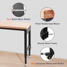 Établi réglable VEVOR, table de travail de garage de 72" LX 25" W avec roues universelles, hauteurs de 28 à 39,5" et capacité de charge de 3000 lb, avec prises de courant et plateau en bois dur et rangement et repose-pieds, pour le bureau à domicile