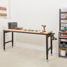 Établi réglable VEVOR, table de travail de garage de 72" LX 25" W avec roues universelles, hauteurs de 28 à 39,5" et capacité de charge de 3000 lb, avec prises de courant et plateau en bois dur et rangement et repose-pieds, pour le bureau à domicile