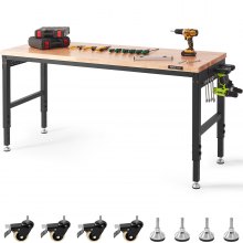 Établi réglable VEVOR, table de travail de garage de 72" LX 25" W avec roues universelles, hauteurs de 28 à 39,5" et capacité de charge de 3000 lb, avec prises de courant et plateau en bois dur et rangement et repose-pieds, pour le bureau à domicile