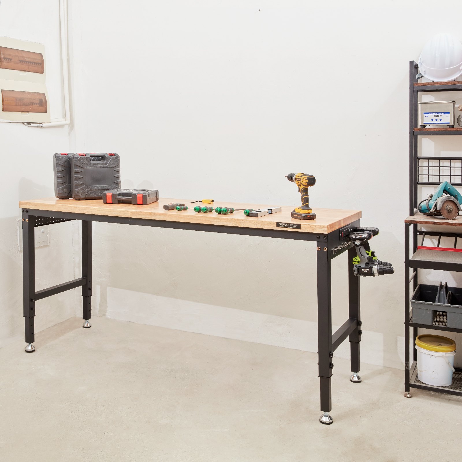 VEVOR Adjustable Workbench Work Table Top, Dimensions: 72" x 25" Adjustable Height: 28"-40" Max Load 3000lbs Table with Power Sockets Wooden Top for Office Home Garage