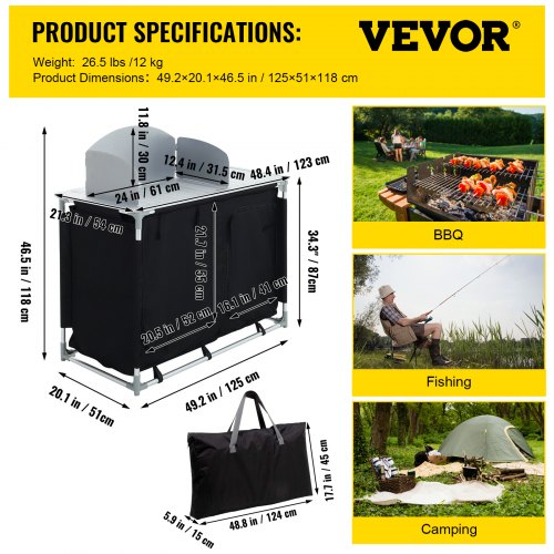 VEVOR Aluminum Portable Camping Kitchen Detachable Windscreen Storage Organizer & Carrying Bag, Outdoor Grill Station for Picnic BBQ & Backyards, Black