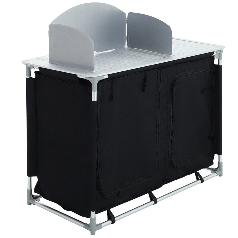 VEVOR Aluminum Portable Camping Kitchen Detachable Windscreen Storage Organizer & Carrying Bag, Outdoor Grill Station for Picnic BBQ & Backyards, Black