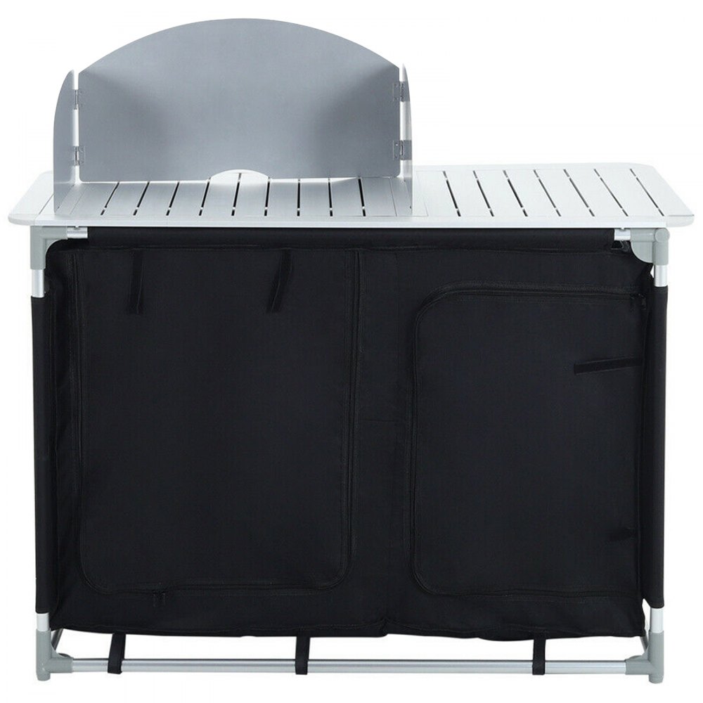 VEVOR Aluminum Portable Camping Kitchen Detachable Windscreen Storage Organizer & Carrying Bag, Outdoor Grill Station for Picnic BBQ & Backyards, Black