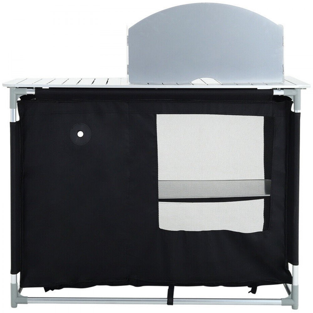 VEVOR Aluminum Portable Camping Kitchen Detachable Windscreen Storage Organizer & Carrying Bag, Outdoor Grill Station for Picnic BBQ & Backyards, Black