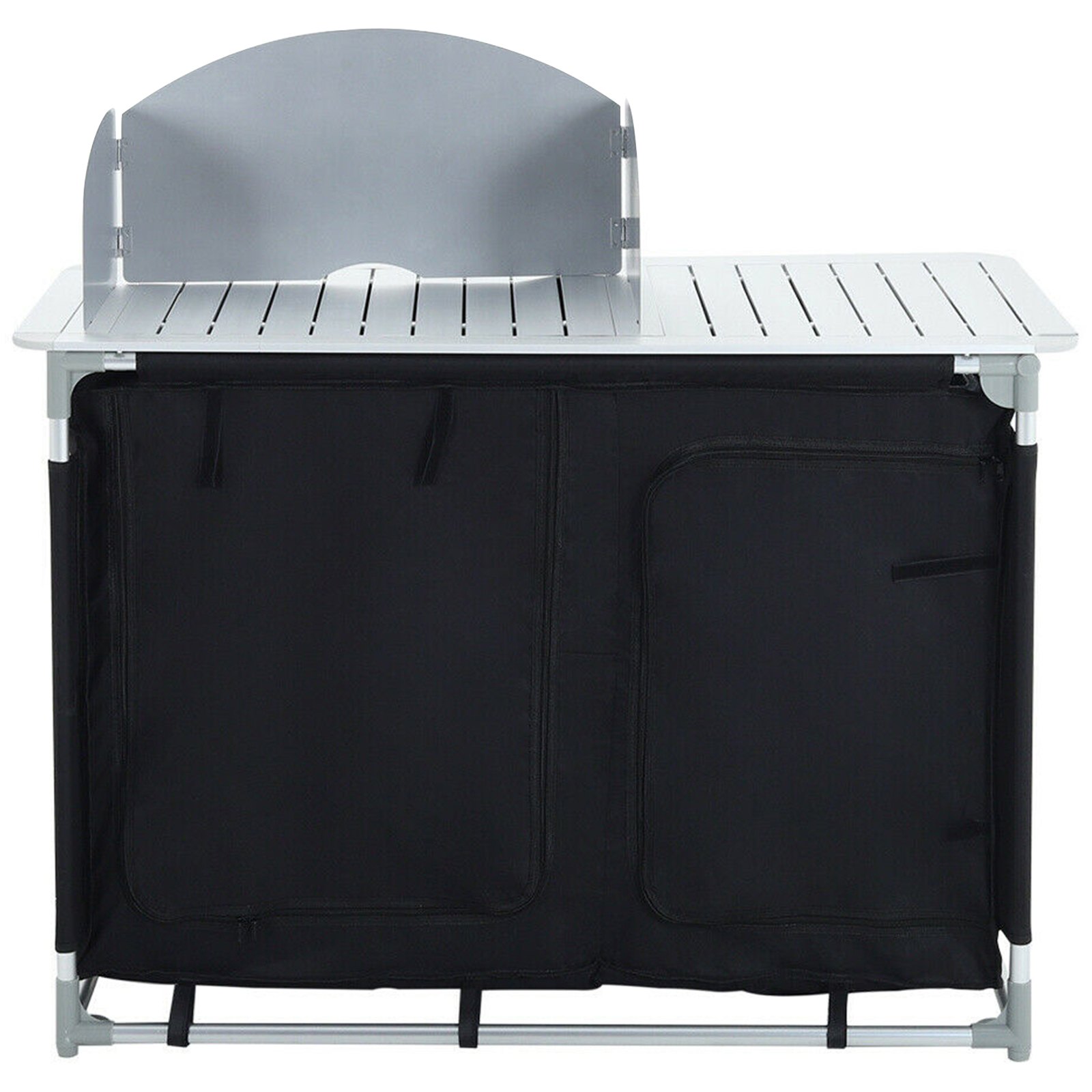 VEVOR Aluminum Portable Camping Kitchen Detachable Windscreen Storage Organizer & Carrying Bag, Outdoor Grill Station for Picnic BBQ & Backyards, Black