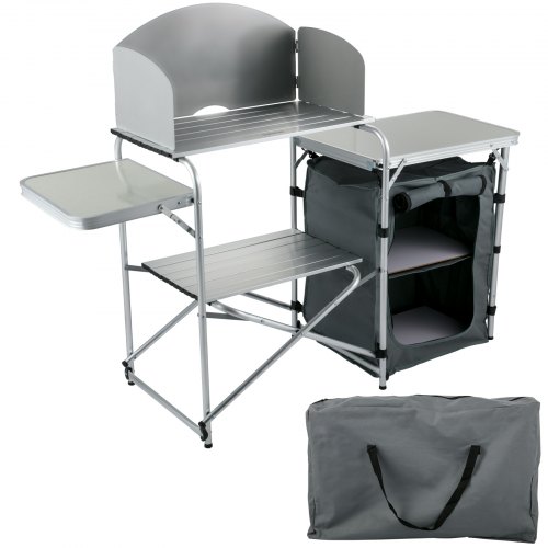 VEVOR Aluminum Portable Folding Picnic Station with Windshield, Storage Organizer & 4 Adjustable Feet Quick Installation for Outdoor Beach Party Cooking, Gray, Grey