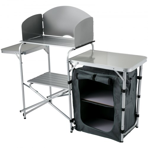 VEVOR Aluminum Portable Folding Picnic Station with Windshield, Storage Organizer & 4 Adjustable Feet Quick Installation for Outdoor Beach Party Cooking, Gray, Grey