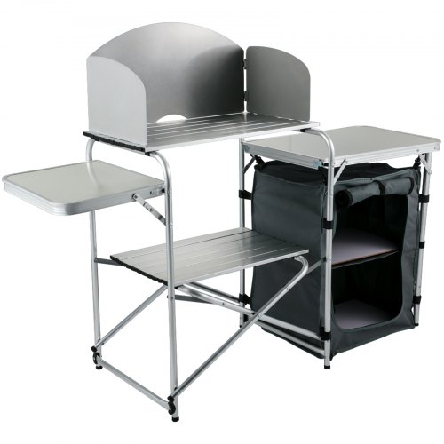VEVOR Aluminum Portable Folding Picnic Station with Windshield, Storage Organizer & 4 Adjustable Feet Quick Installation for Outdoor Beach Party Cooking, Gray, Grey