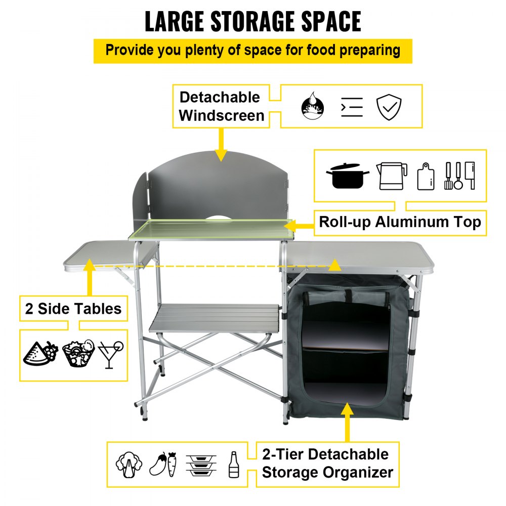 VEVOR Aluminum Portable Folding Picnic Station with Windshield, Storage Organizer & 4 Adjustable Feet Quick Installation for Outdoor Beach Party Cooking, Gray, Grey