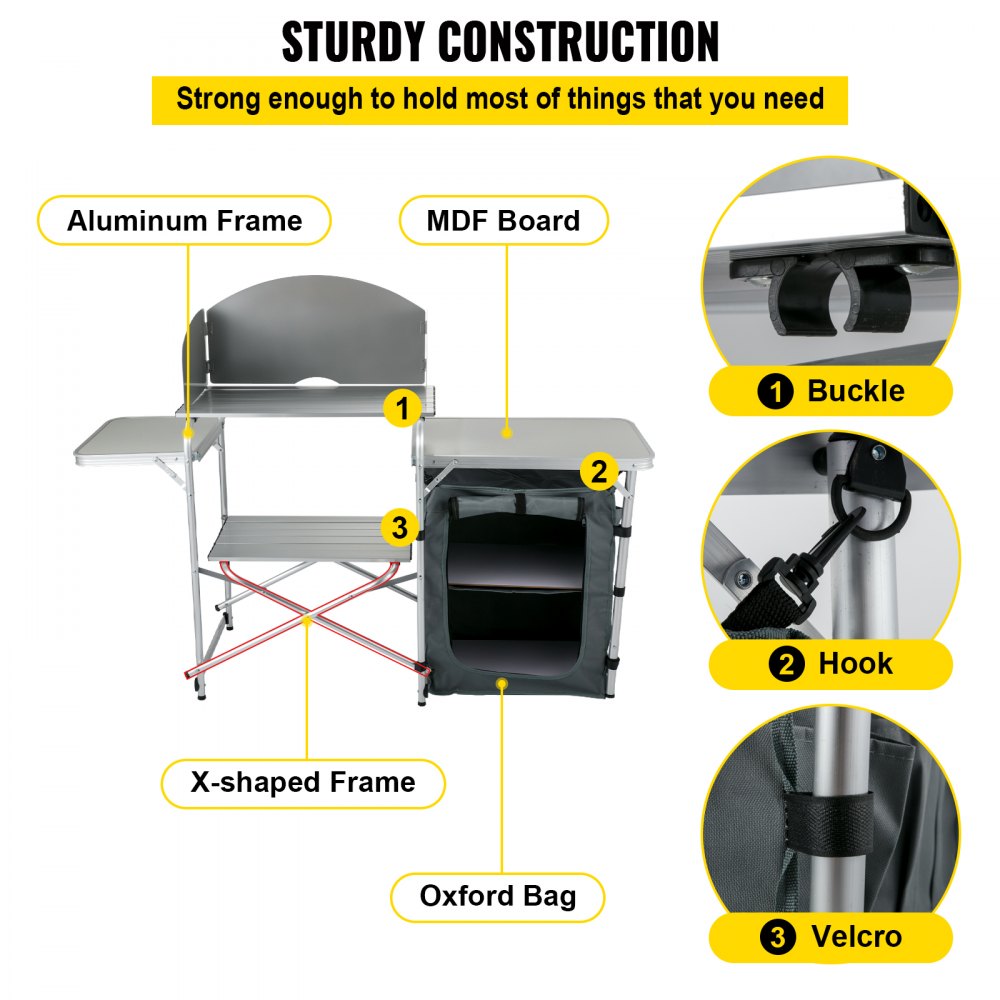 VEVOR Aluminum Portable Folding Picnic Station with Windshield, Storage Organizer & 4 Adjustable Feet Quick Installation for Outdoor Beach Party Cooking, Gray, Grey