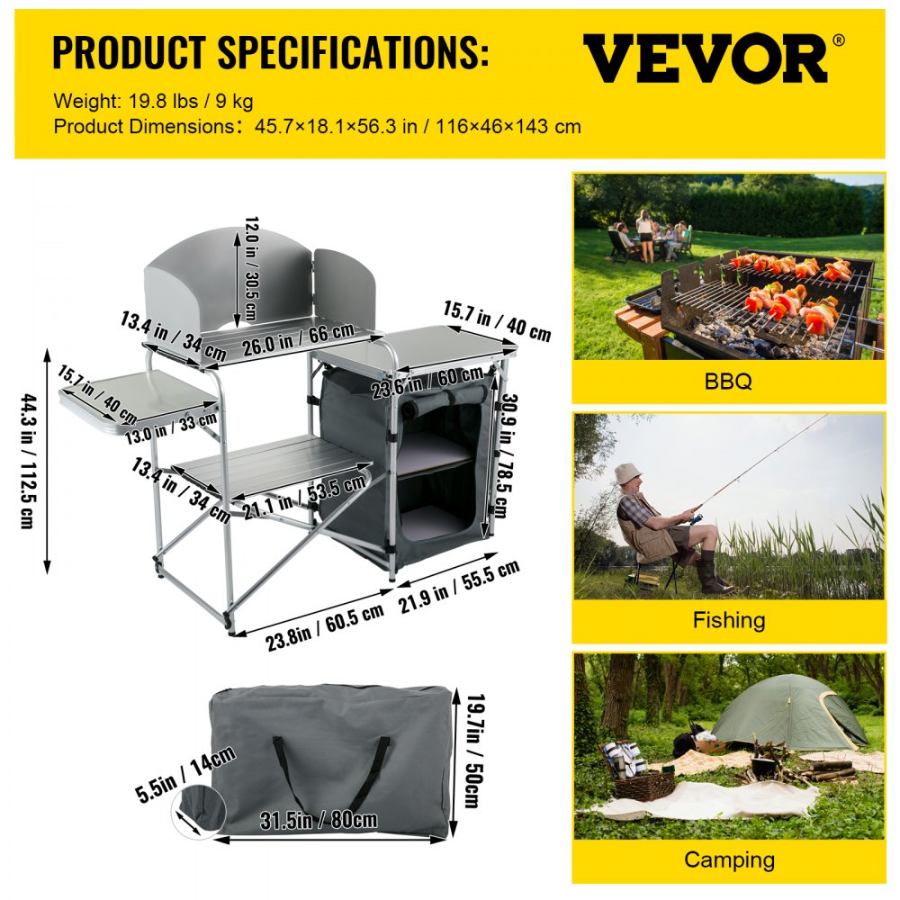 VEVOR Aluminum Portable Folding Picnic Station with Windshield, Storage Organizer & 4 Adjustable Feet Quick Installation for Outdoor Beach Party Cooking, Gray, Grey