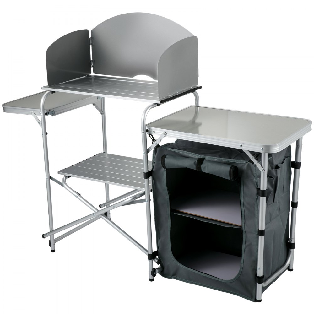 VEVOR Aluminum Portable Folding Picnic Station with Windshield, Storage Organizer & 4 Adjustable Feet Quick Installation for Outdoor Beach Party Cooking, Gray, Grey