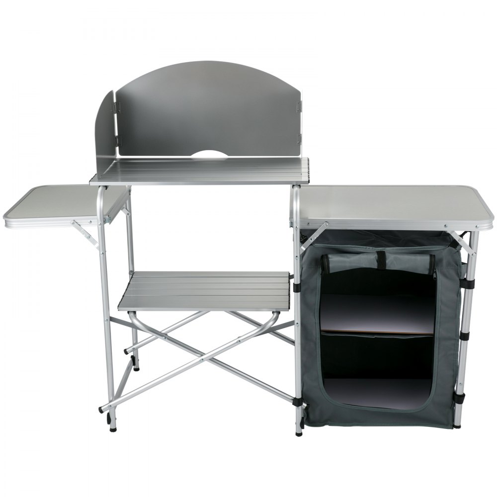 VEVOR Aluminum Portable Folding Picnic Station with Windshield, Storage Organizer & 4 Adjustable Feet Quick Installation for Outdoor Beach Party Cooking, Gray, Grey