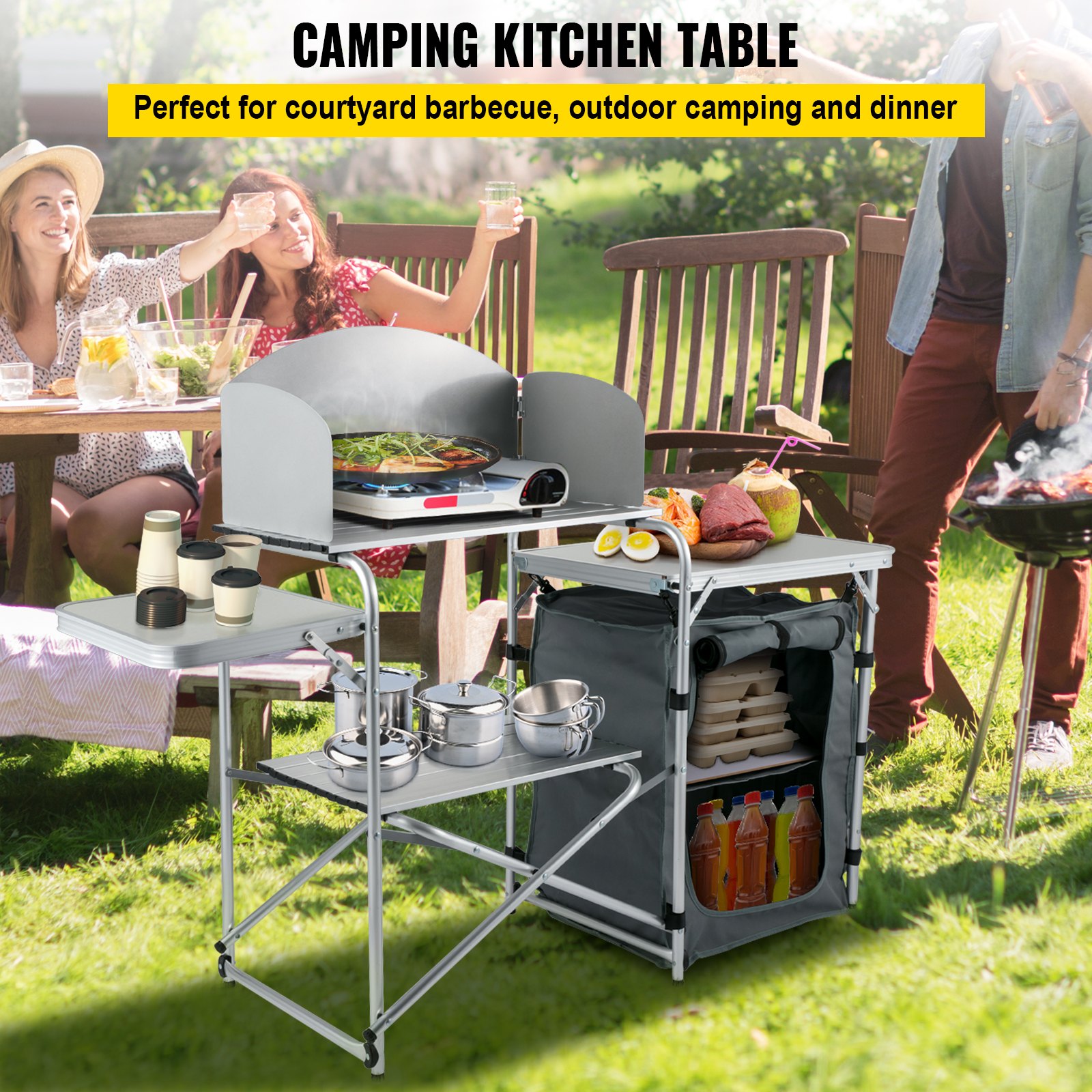 VEVOR Aluminum Portable Folding Picnic Station with Windshield, Storage Organizer & 4 Adjustable Feet Quick Installation for Outdoor Beach Party Cooking, Gray, Grey