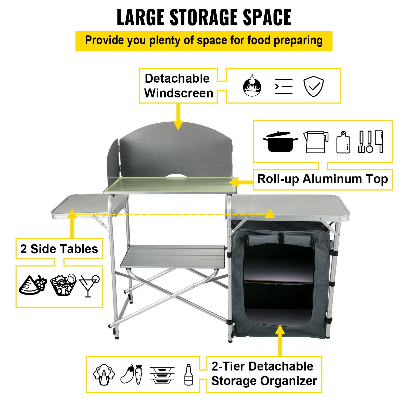 VEVOR Aluminum Portable Folding Picnic Station with Windshield, Storage Organizer & 4 Adjustable Feet Quick Installation for Outdoor Beach Party Cooking, Gray, Grey