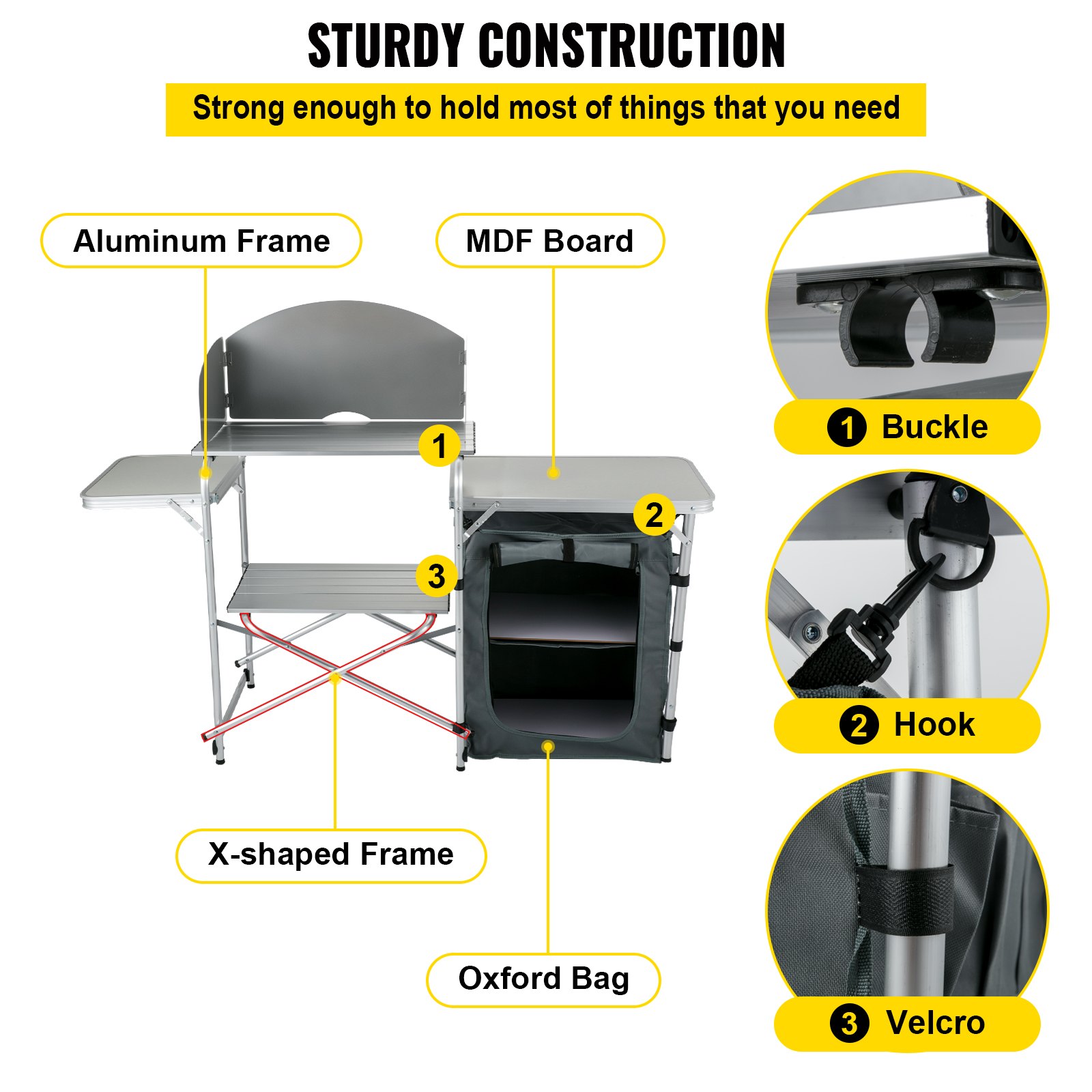 VEVOR Aluminum Portable Folding Picnic Station with Windshield, Storage Organizer & 4 Adjustable Feet Quick Installation for Outdoor Beach Party Cooking, Gray, Grey