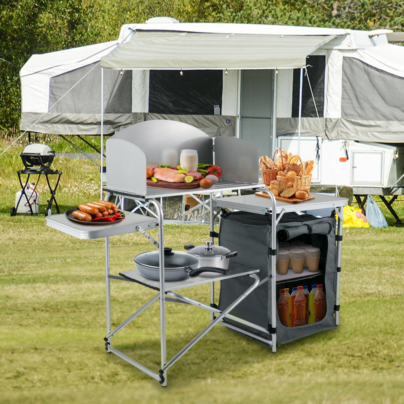 VEVOR Aluminum Portable Folding Picnic Station with Windshield, Storage Organizer & 4 Adjustable Feet Quick Installation for Outdoor Beach Party Cooking, Gray, Grey