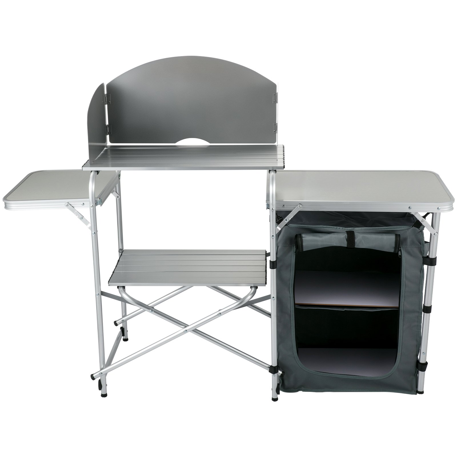 VEVOR Aluminum Portable Folding Picnic Station with Windshield, Storage Organizer & 4 Adjustable Feet Quick Installation for Outdoor Beach Party Cooking, Gray, Grey