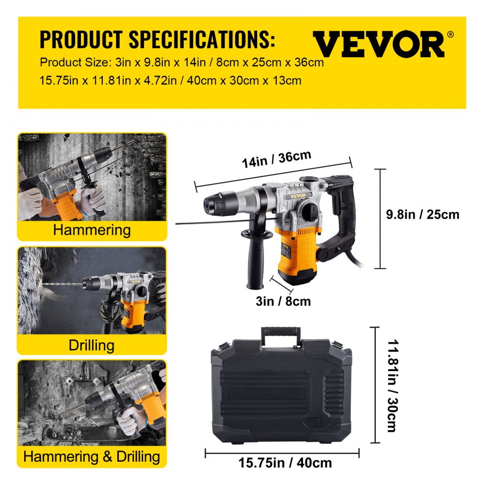 VEVOR Rotary Hammer, 1" SDS - Plus Hammer Drill with 4 Functions & 360 Degree Rotating Handle, 1050W Variable Speed 0-850RPM Corded Hammering Machine, Includes Chisels, Drill Bits and Case