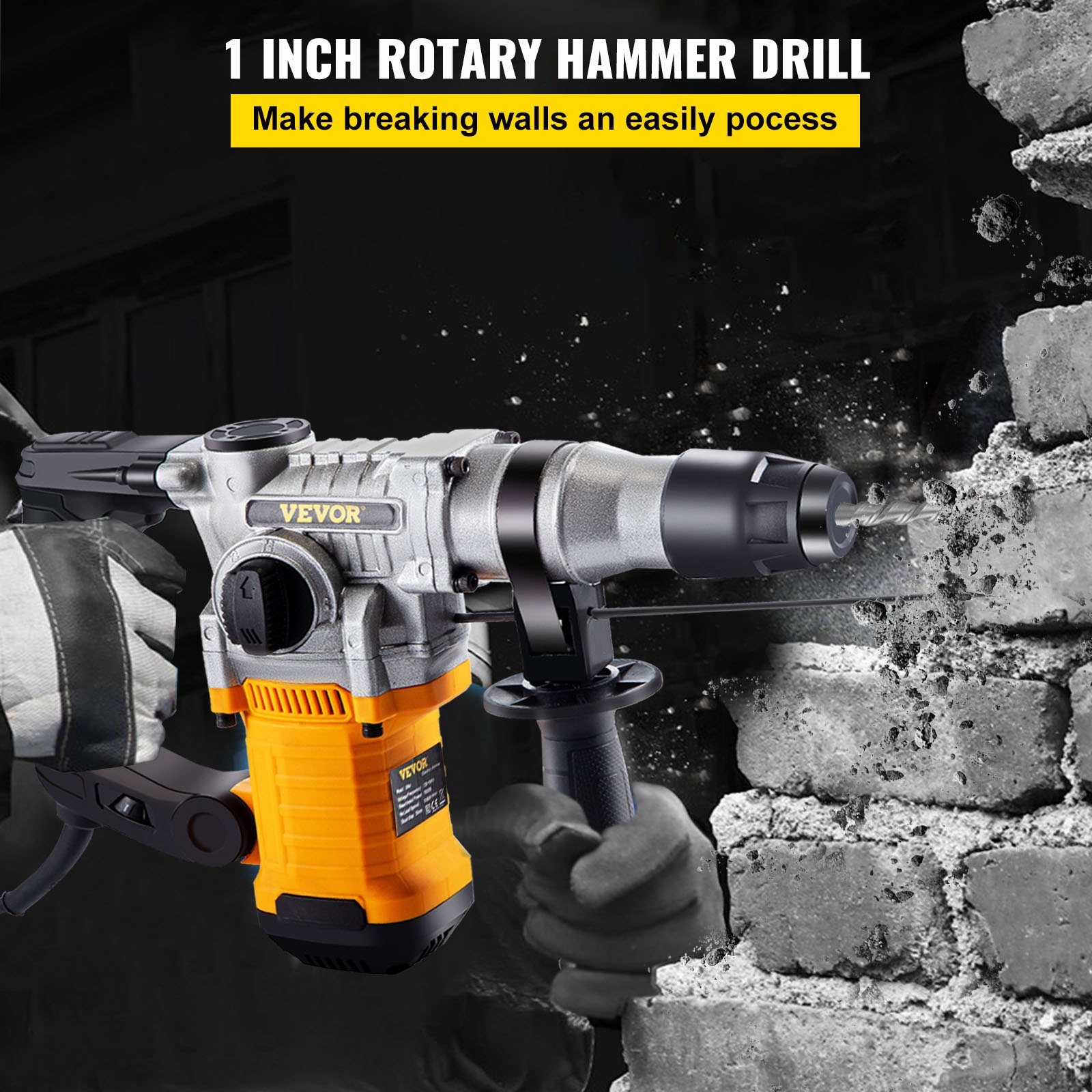 VEVOR Rotary Hammer, 1" SDS - Plus Hammer Drill with 4 Functions & 360 Degree Rotating Handle, 1050W Variable Speed 0-850RPM Corded Hammering Machine, Includes Chisels, Drill Bits and Case
