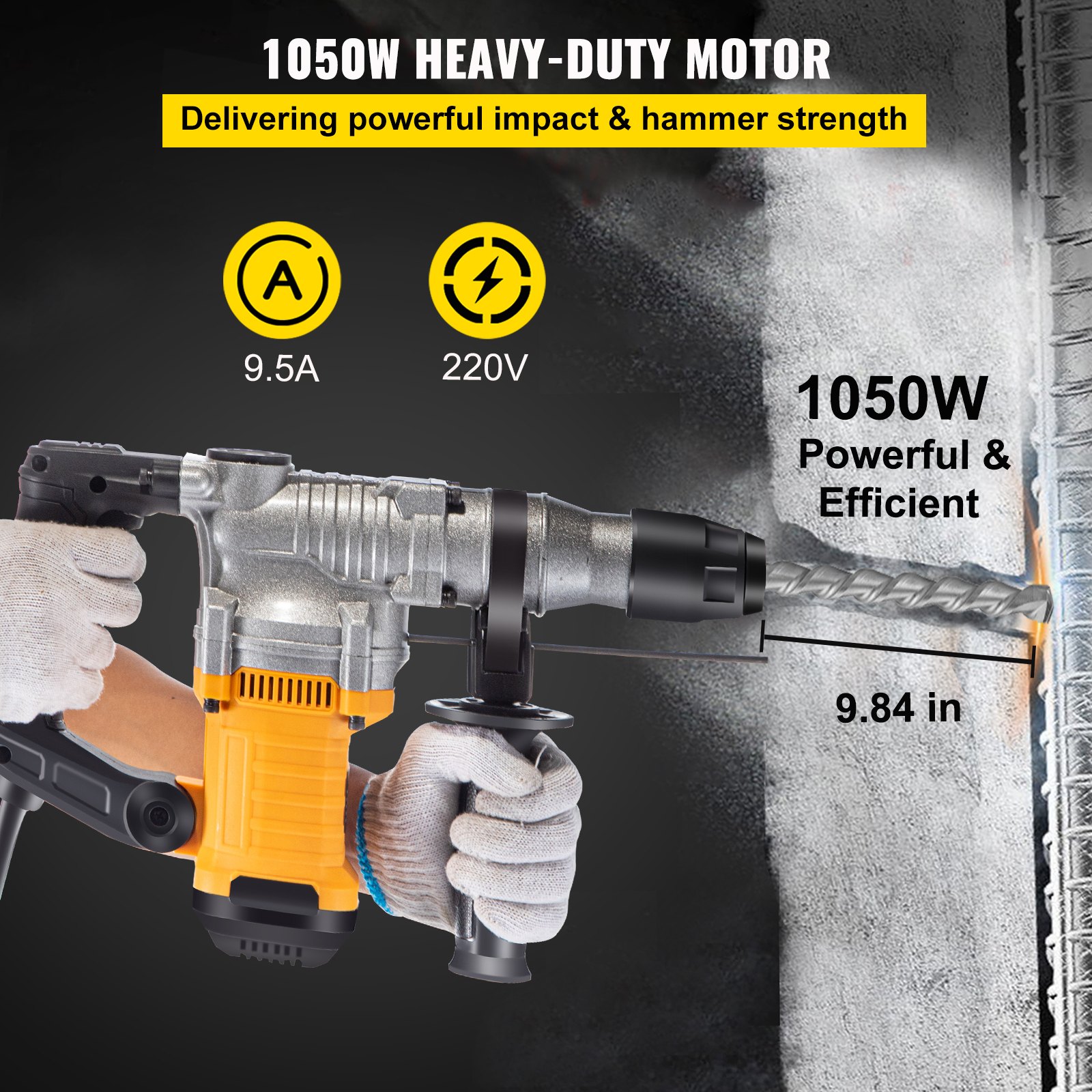 VEVOR Rotary Hammer, 1" SDS - Plus Hammer Drill with 4 Functions & 360 Degree Rotating Handle, 1050W Variable Speed 0-850RPM Corded Hammering Machine, Includes Chisels, Drill Bits and Case