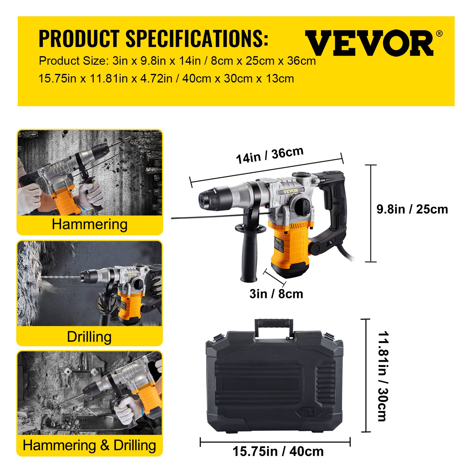 VEVOR Rotary Hammer, 1" SDS - Plus Hammer Drill with 4 Functions & 360 Degree Rotating Handle, 1050W Variable Speed 0-850RPM Corded Hammering Machine, Includes Chisels, Drill Bits and Case
