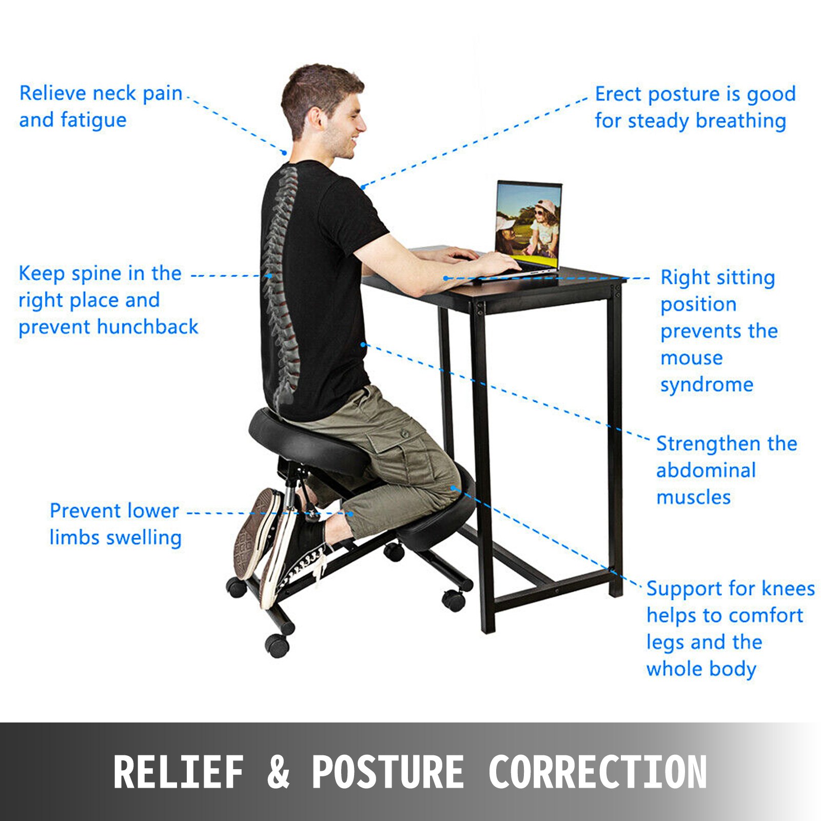 VEVOR  Kneeling Chair Ergonomic 250lbs Load Bearing Office Stool Knee Support Chair Kneeling Office Chair Adjustable Knee Stool for Office or Home Angled Kneeling Chair