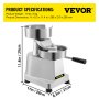 VEVOR hamburger patty maker, product dimensions and specifications with measurement labels.