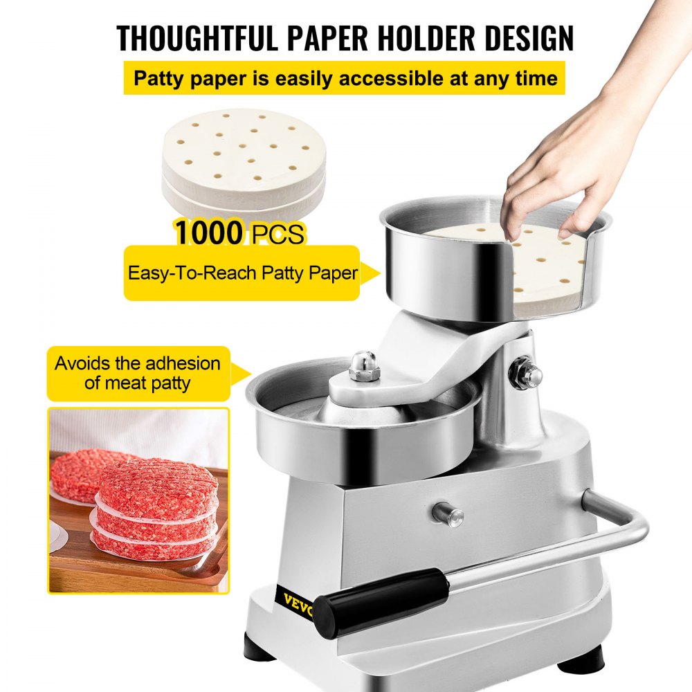 VEVOR Prensa para hamburguesas comercial de acero inoxidable de 130 mm/5 pulgadas Prensa para hamburguesas resistente Prensa para hamburguesas Máquina para hacer hamburguesas Procesador para formar hamburguesas con 1000 piezas de papel para hamburguesas