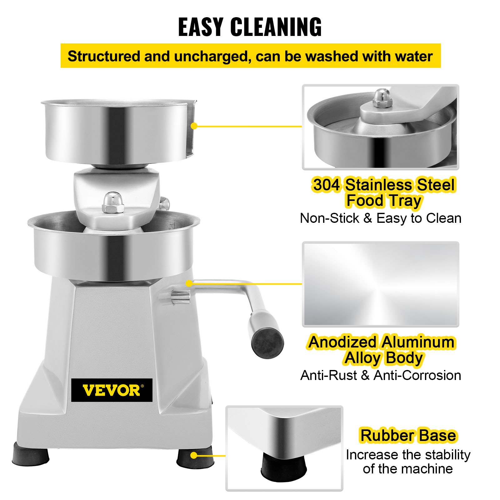 VEVOR burger press with stainless steel food tray, aluminum body, and rubber base.