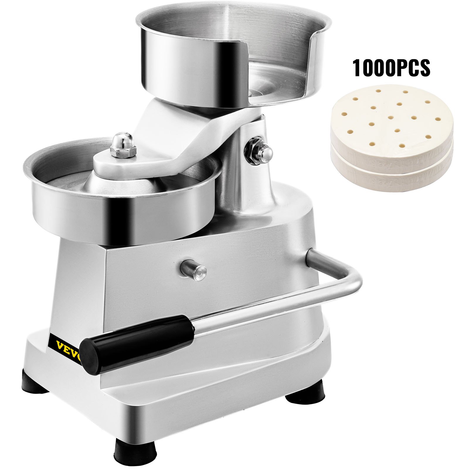 VEVOR burger press with handle and 1000 paper liners in stainless steel.