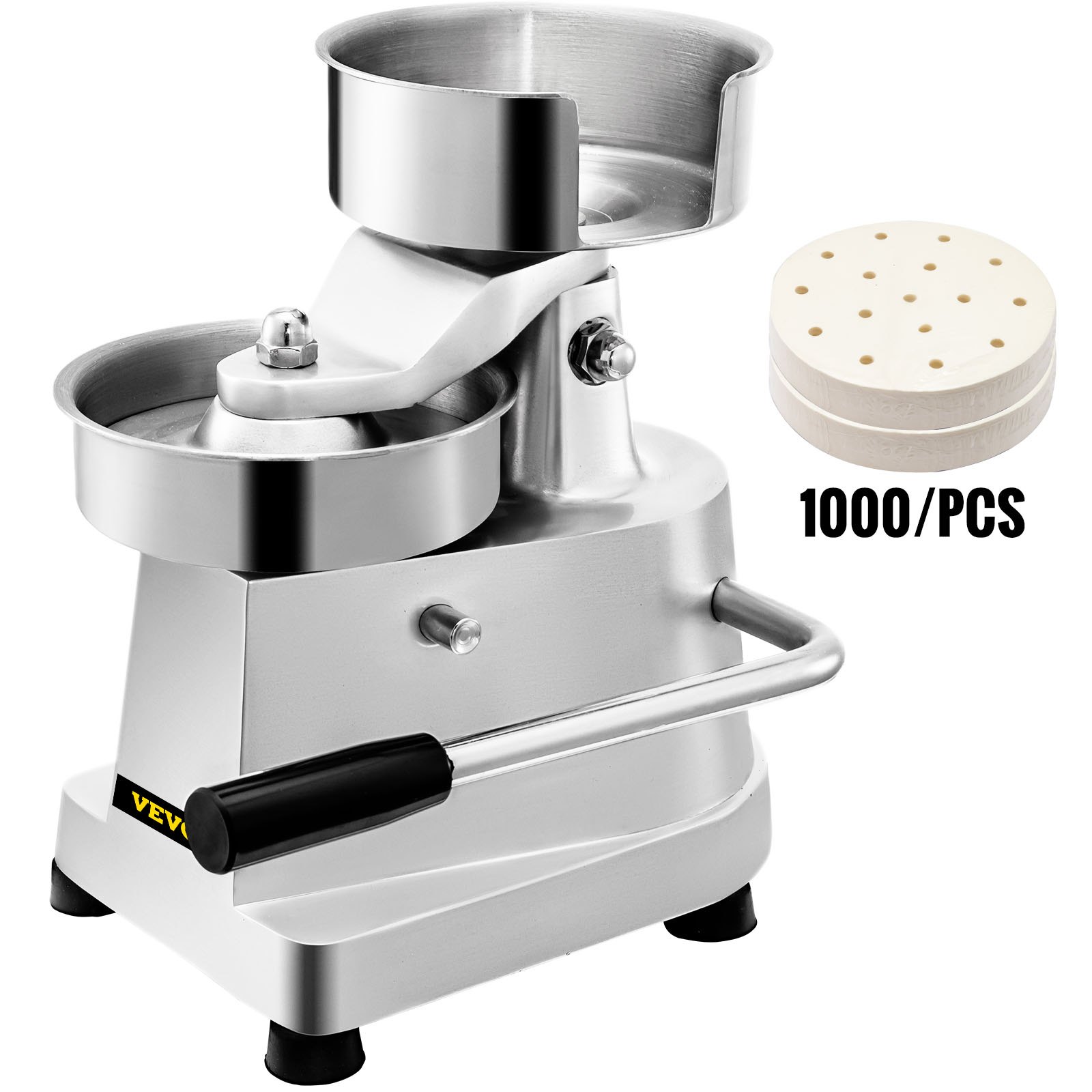 VEVOR burger press with 1000 pcs burger papers, stainless steel construction.