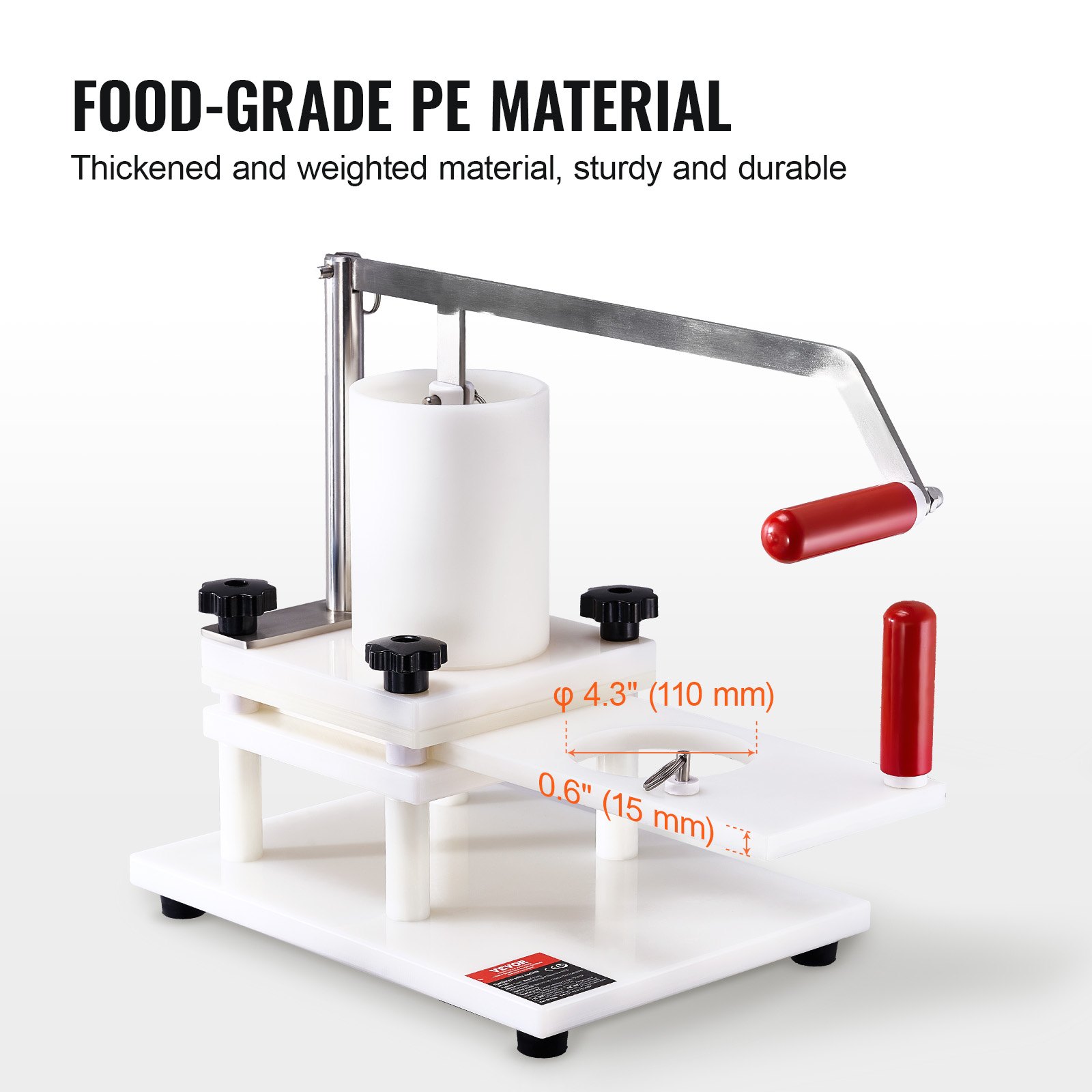 VEVOR Commercial Burger Patty Maker, 110 mm/4.3 inch Manual Beef Hamburger Patty Maker, Food-Grade PE Burger Press Machine, 1.5KG Large-Capacity Hopper Meat Forming Processor with Handle & Patty Paper