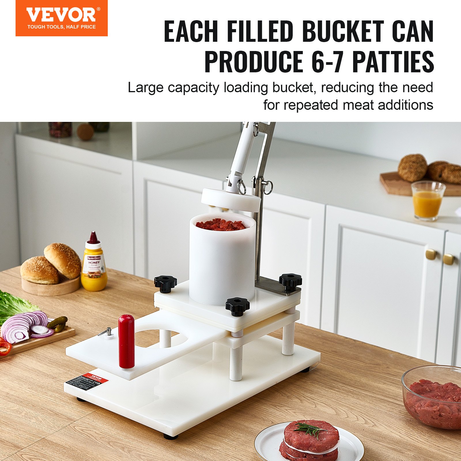 VEVOR Commercial Burger Patty Maker, 130 mm/5 inch Manual Beef Hamburger Patty Maker, Food-Grade PE Burger Press Machine, 1.5KG Large-Capacity Hopper Meat Forming Processor with Handle & Patty Paper