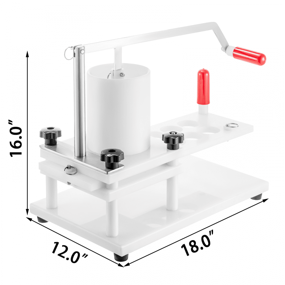 VEVOR burger press with red handle, dimensions 16&quot;h x 12&quot;w x 18&quot;d.