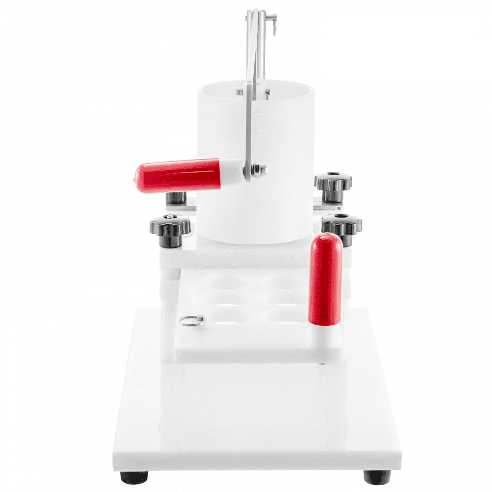 VEVOR burger press with red handles on a white base.