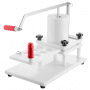 VEVOR burger press with red handles and adjustable knobs on a white base.
