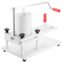 white VEVOR burger press with red handles and adjustable knobs.