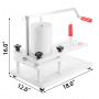 VEVOR burger press with red handle, dimensions 16&quot;h x 12&quot;w x 18&quot;d.
