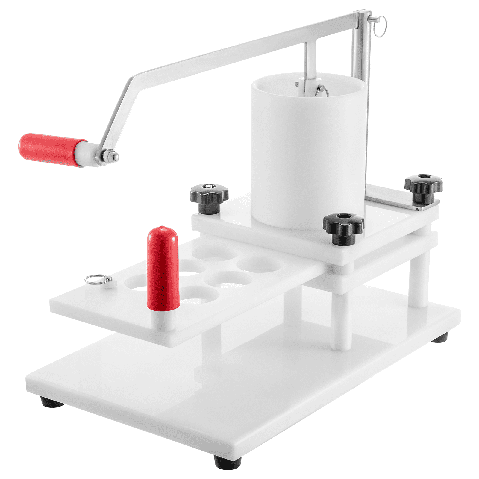 VEVOR burger press with red handles and adjustable knobs on a white base.