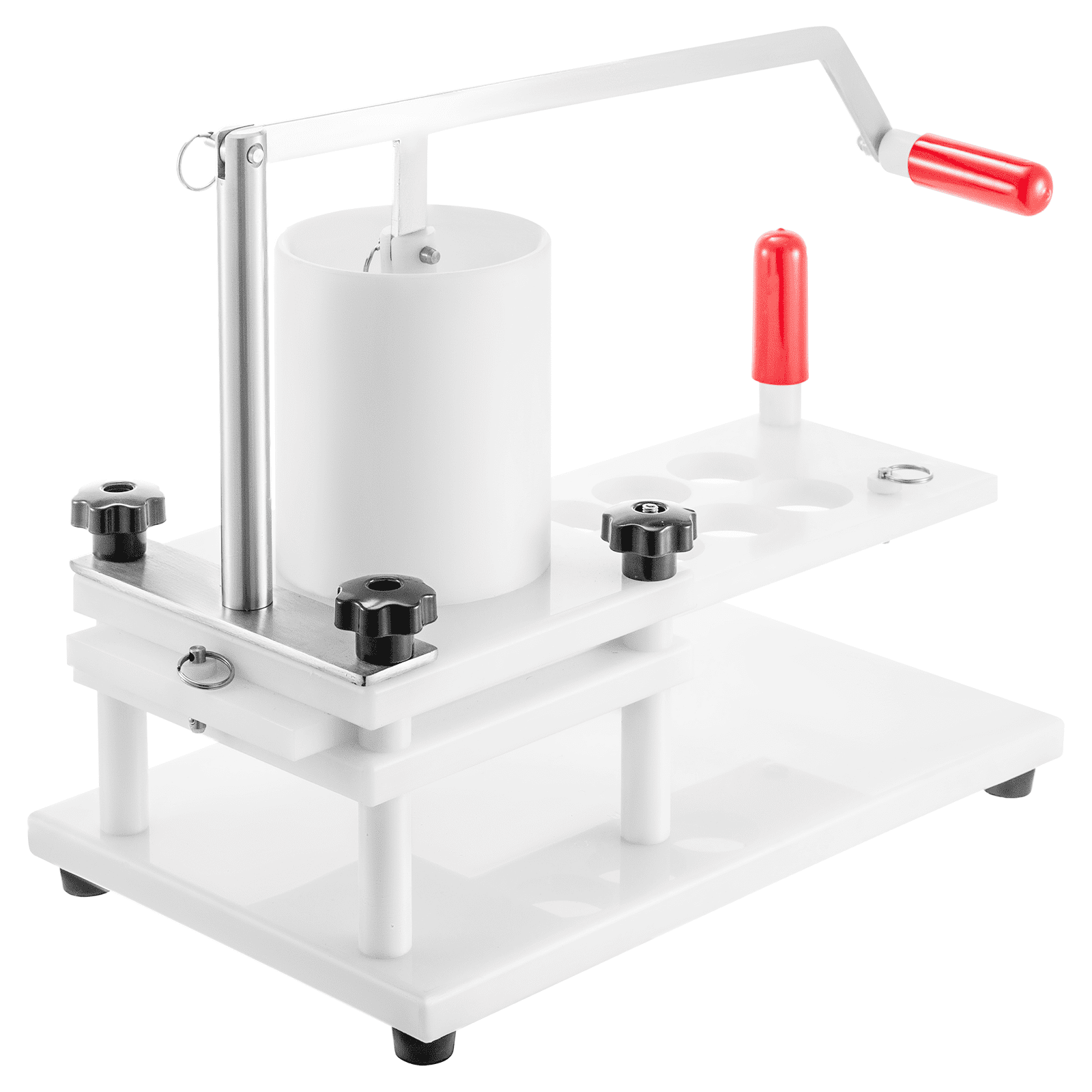 white VEVOR burger press with red handles and adjustable knobs.