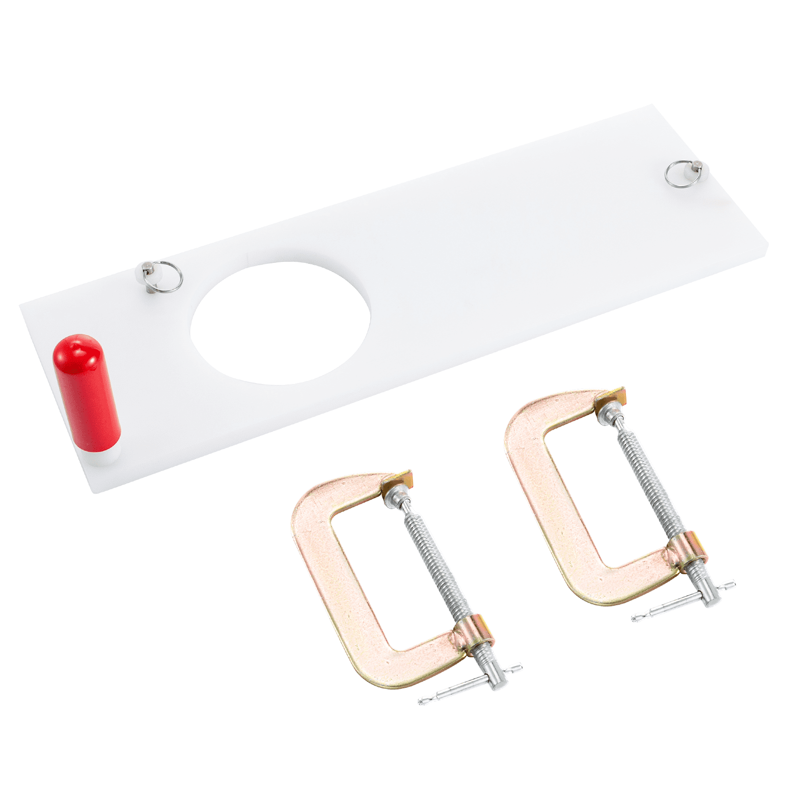 VEVOR burger press set with white plate, red handle, and two gold c-clamps