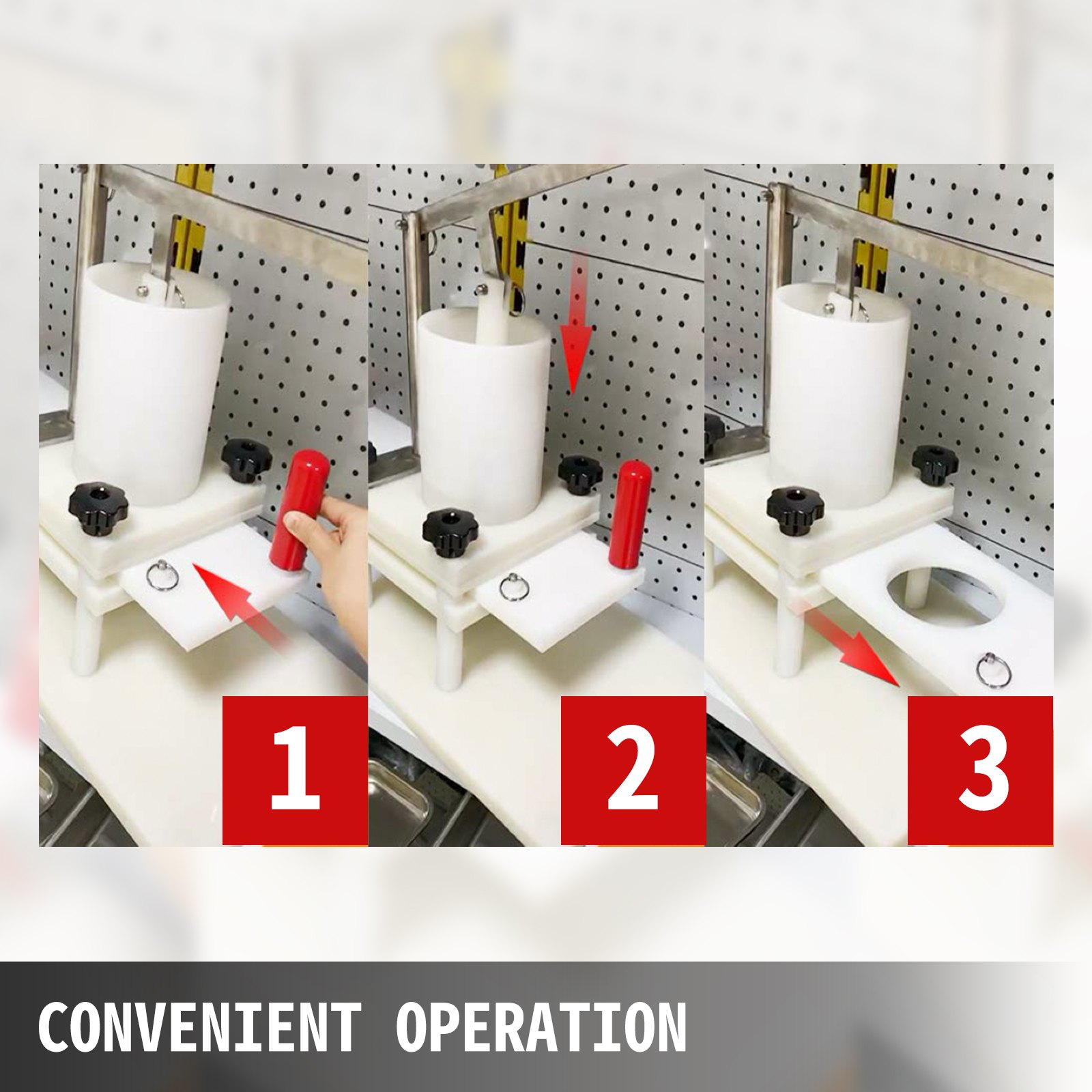 VEVOR burger press operation steps with red handle and white base.